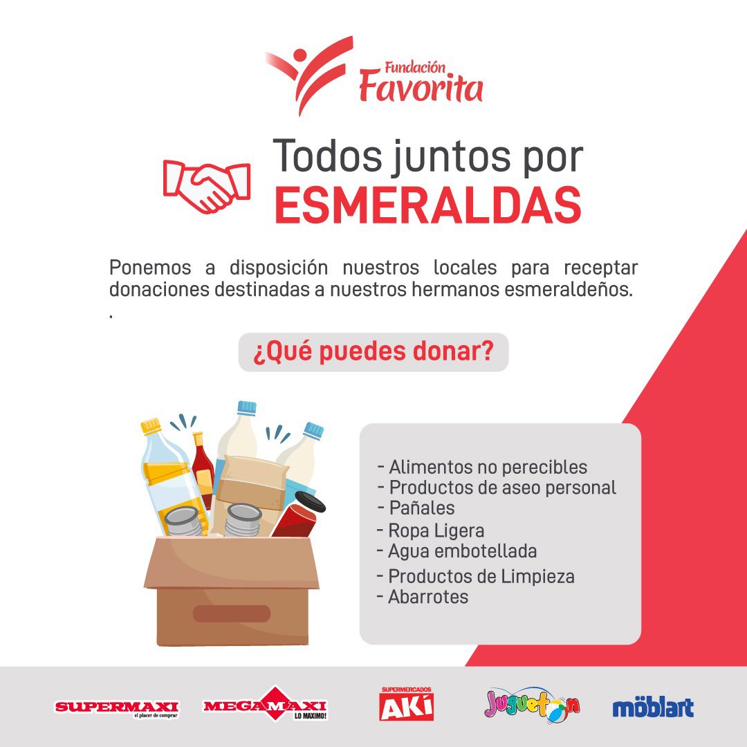 ab_intriago's tweet photo. 🇪🇨 JUNTOS POR ESMERALDAS🇪🇨
Esmeraldas nos necesita!🆘 Al momento se registran más de 11.000 damnificados. Nos unimos a la cruzada de donación 🫱🏽‍🫲🏾para las familias afectadas🧡💛 Es por ello que a través de Corporación Favorita hemos activado puntos de recolección en todos sus https://t.co/v6Ku3t0aIv