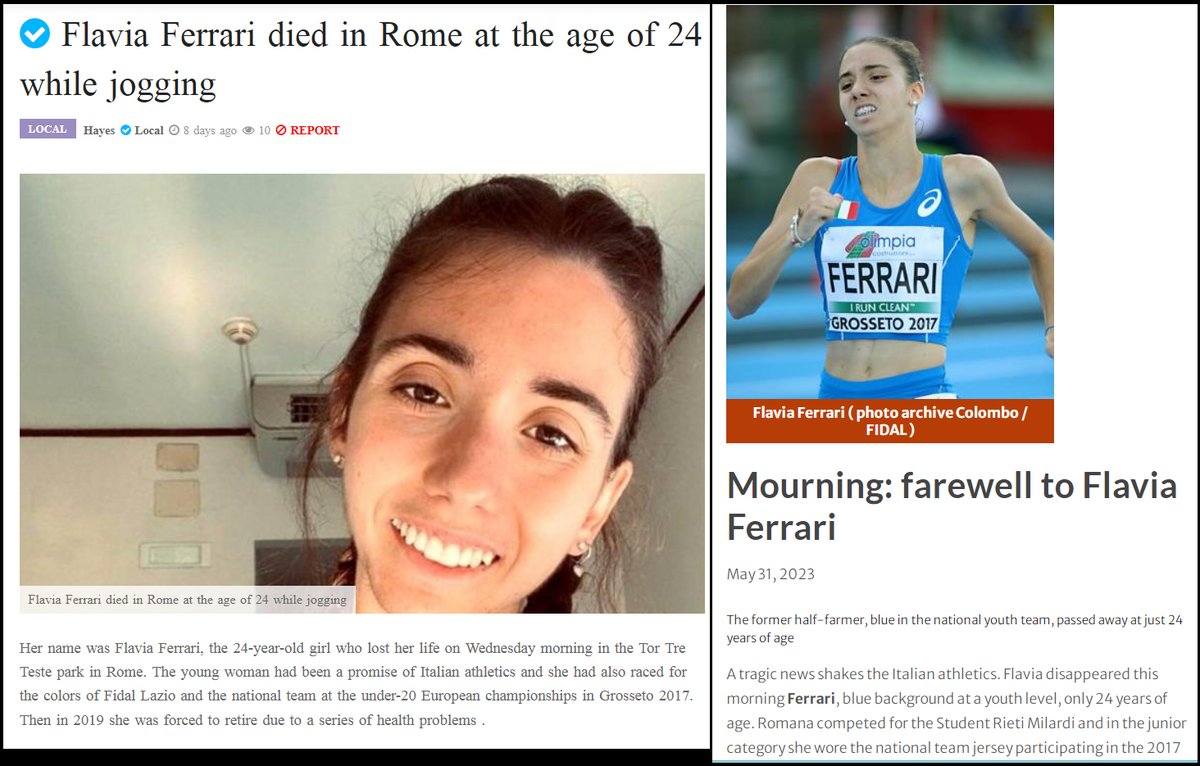 Rome, Italy - 24 year old Italian national runner Flavia Ferrari collapsed & died suddenly on May 31, 2023 while jogging

COVID-19 mRNA vaccine myocarditis causes arrhythmias while exercising or in early morning hours

These are now textbook cases.

#DiedSuddenly #cdnpoli #ableg