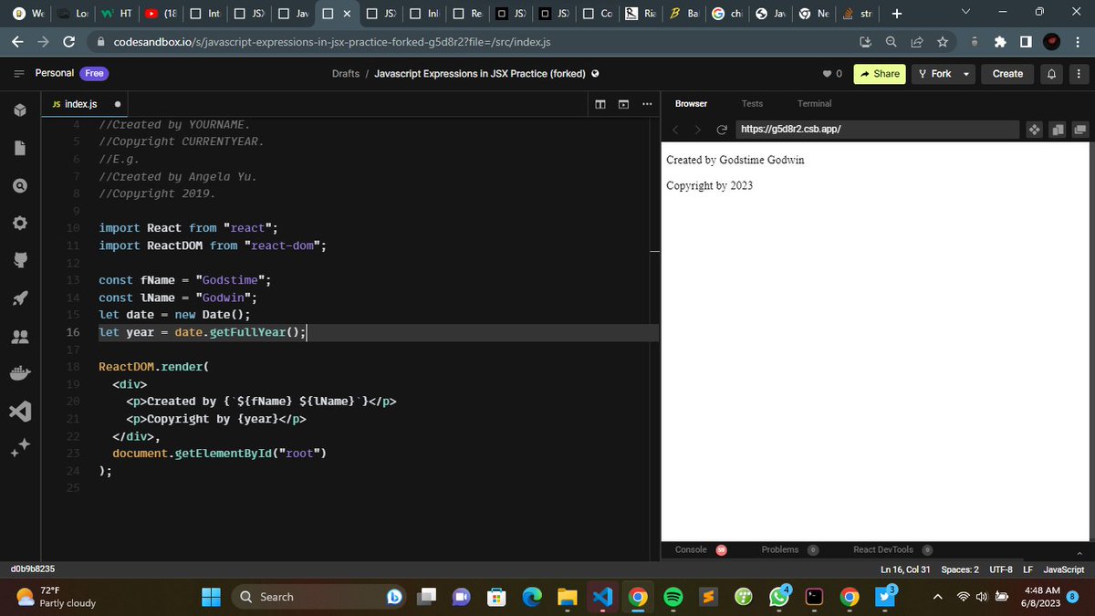 Day33: #100DaysofCode #100daysofcoding Today i wrote my first react code. it was really fun I LEARNT: What jsx is all about and how to use it The difference between Expressions and Statements. And much more