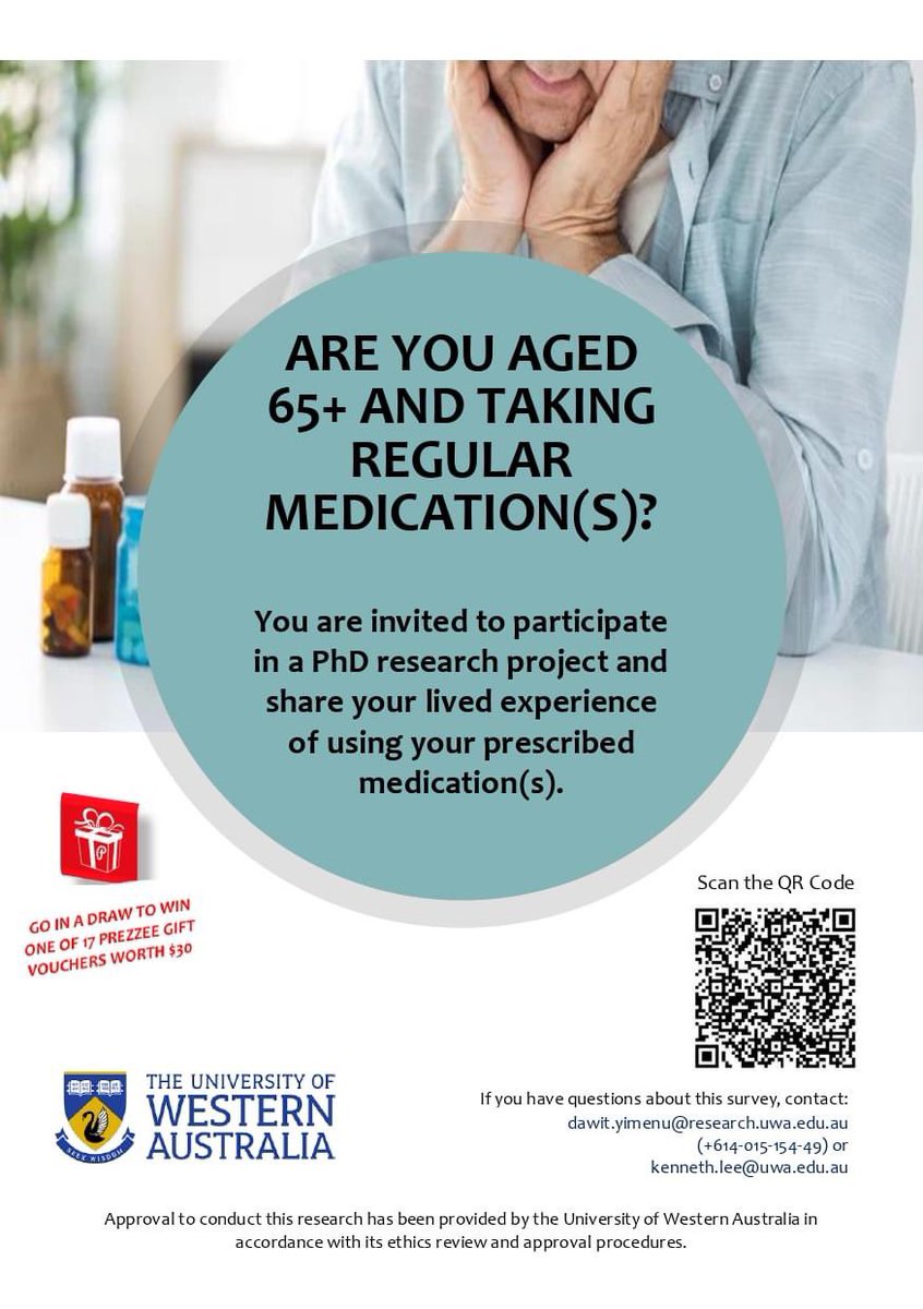 Dawit Yimenu (@dawityimenu) on Twitter photo Invitation to participate in a survey. We are looking for Western Australians aged 65+ who live in the community (non-residential care facilities) and taking regular medication(s).
Please, use the following link to access the survey or scan the QR code:
mdhs-redcap.meddent.uwa.edu.au/fmdhs/surveys/… Invitation to participate in a survey. We are looking for Western Australians aged 65+ who live in the community (non-residential care facilities) and taking regular medication(s).
Please, use the following link to access the survey or scan the QR code:
mdhs-redcap.meddent.uwa.edu.au/fmdhs/surveys/…