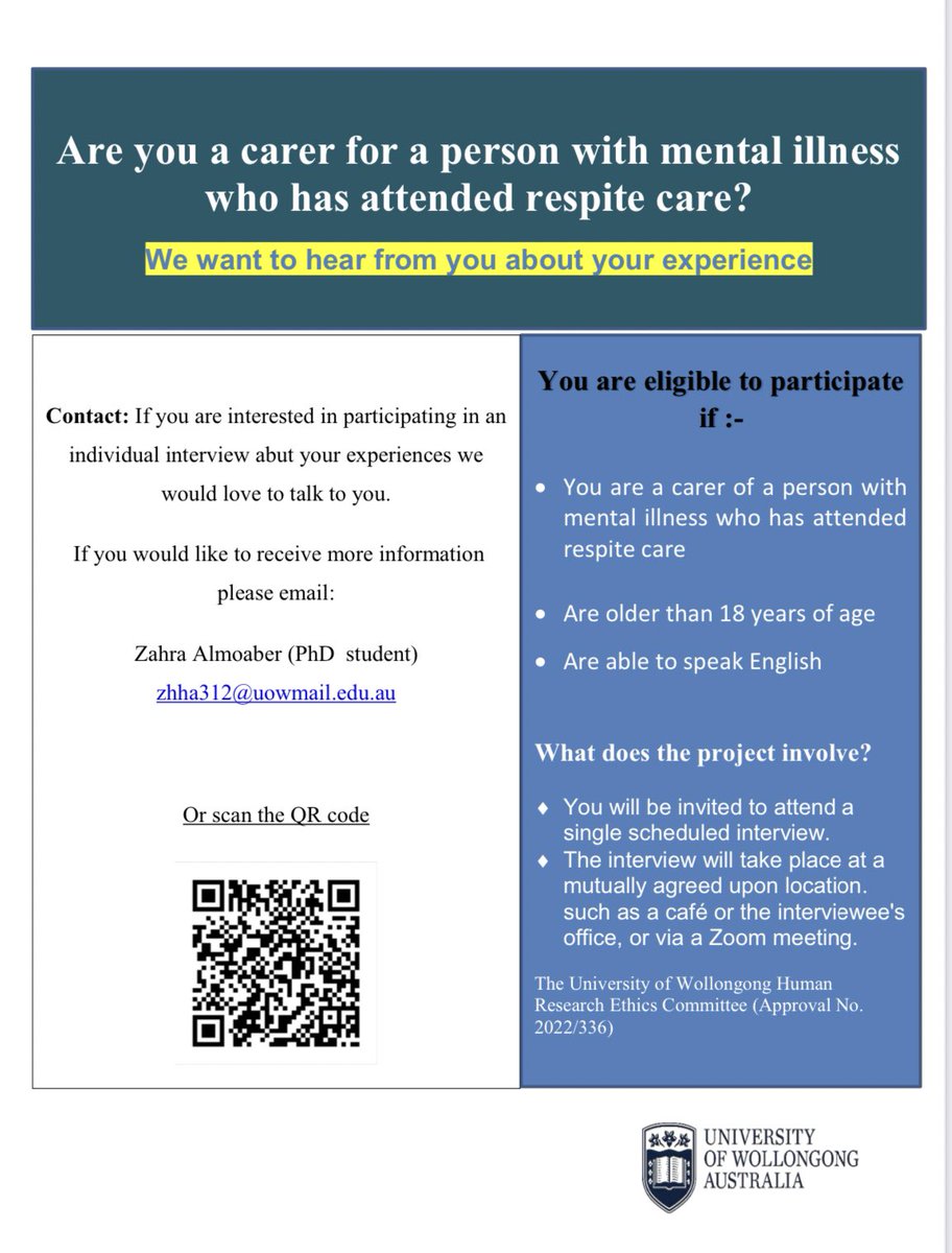 Dr Christopher Patterson (@chrisfpatterson) on Twitter photo PhD student Zahra is looking to talk to carers of people with mental illness and who have attended respite care. Australian focus
If you are interested in participating or know someone who is, please see and share flyer ššš
<a href="/Zalmuaber/">zahra H Almoaber</a> <a href="/LornaMoxham/">Prof Lorna Moxham</a> <a href="/UoWnursing/">UOW School of Nursing</a> PhD student Zahra is looking to talk to carers of people with mental illness and who have attended respite care. Australian focus
If you are interested in participating or know someone who is, please see and share flyer ššš
<a href="/Zalmuaber/">zahra H Almoaber</a> <a href="/LornaMoxham/">Prof Lorna Moxham</a> <a href="/UoWnursing/">UOW School of Nursing</a>