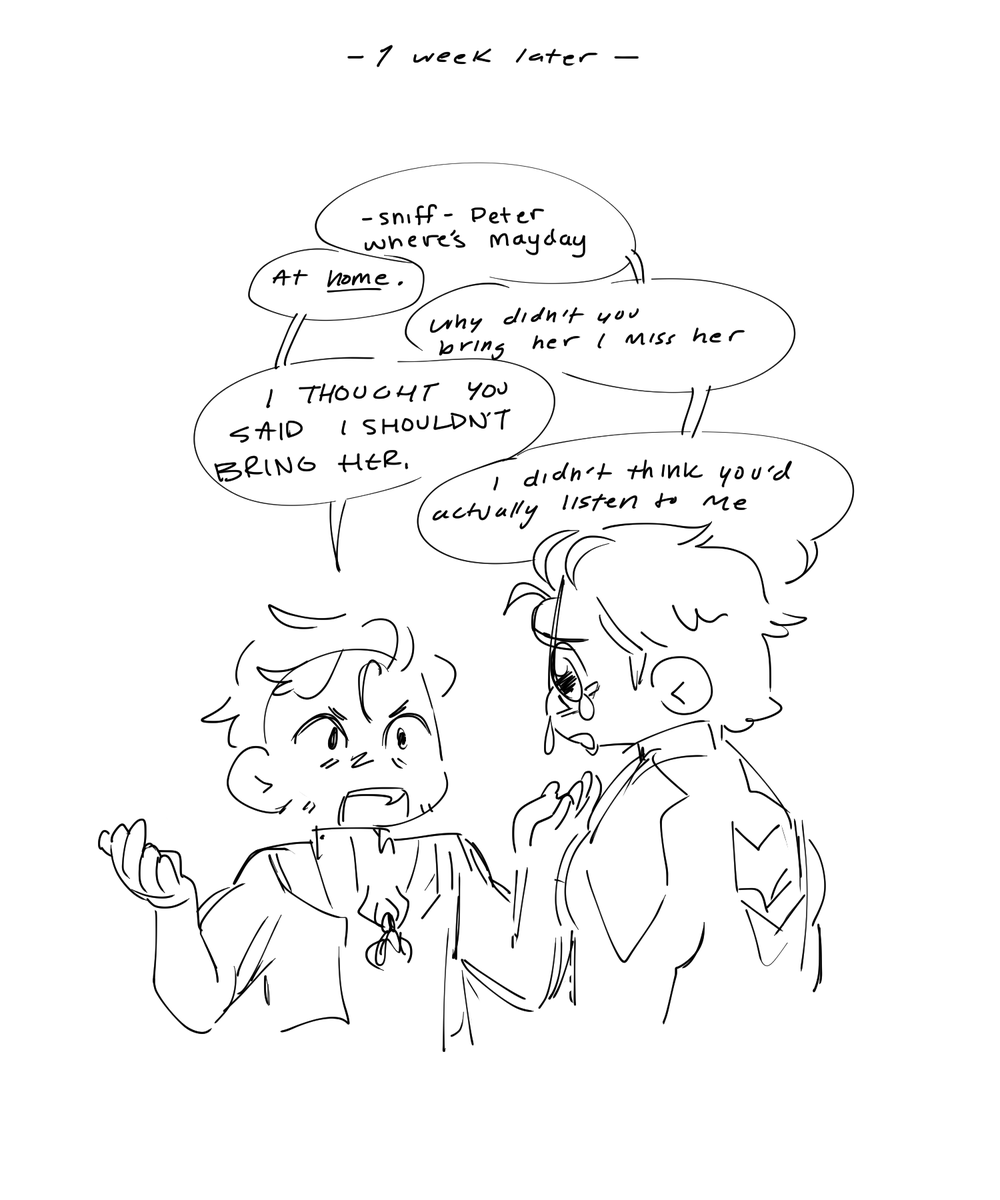 tineyincubus's tweet photo. I hc the only reason Mayday is allowed to come is that Miguel instantly becomes 10x nicer and softer when shes around and he misses her when Peter leaves her at home. also her nickname is bug ofc https://t.co/PFKxeV7zhj