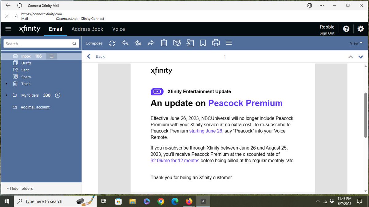 Since @Xfinity has now launched their $20/ month NOW TV streaming tier, effective June 26, 2023, they will no longer B Ncluding access 2 @peacock premium 2 Internet only subscribers per the email I received from them below 2day. It will only B Ncluded w/ a NOW TV subscription https://t.co/Req5RjDqZL