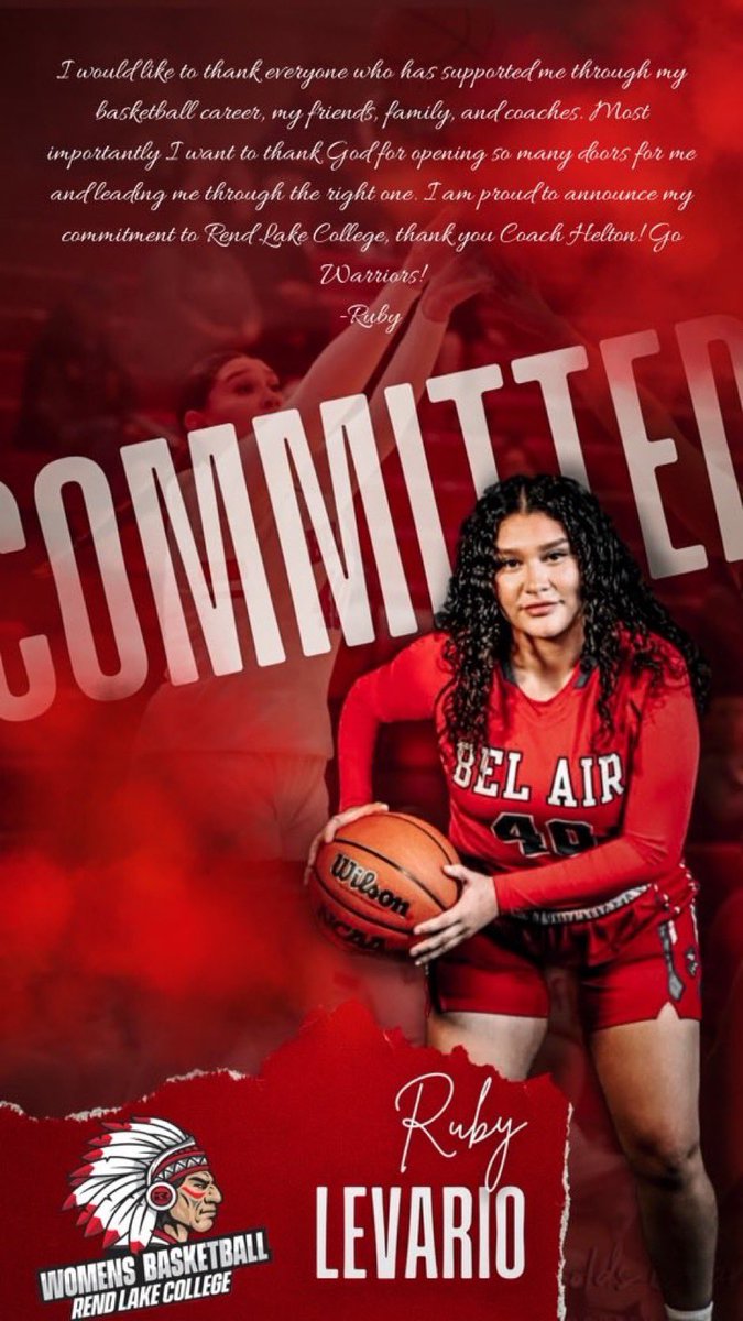 Congratulations to  <a href="/RubyLevario2/">Ruby Levario</a> who has COMMITTED to play college ball at D1 NJCAA <a href="/RLCWBB/">Rend Lake CollegeWBB</a>.  Ruby, Thank you for your commitment to the program and we wish you all the best!
@BelAirAthletics <a href="/Fchavezeptimes/">Felix Chavez</a>