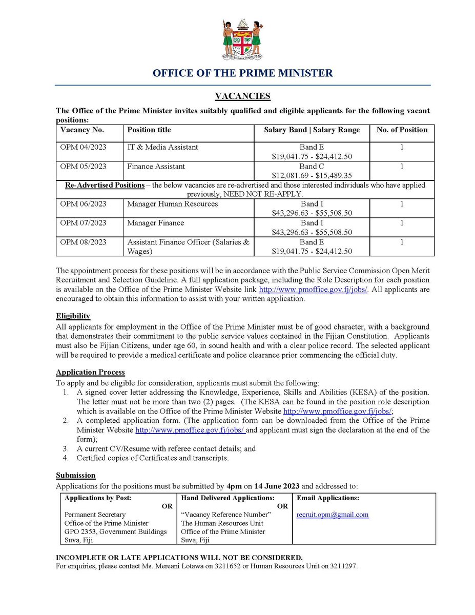 Opportunities with the Office of the Prime Minister

#governmentjobs #fiji #FijiNews