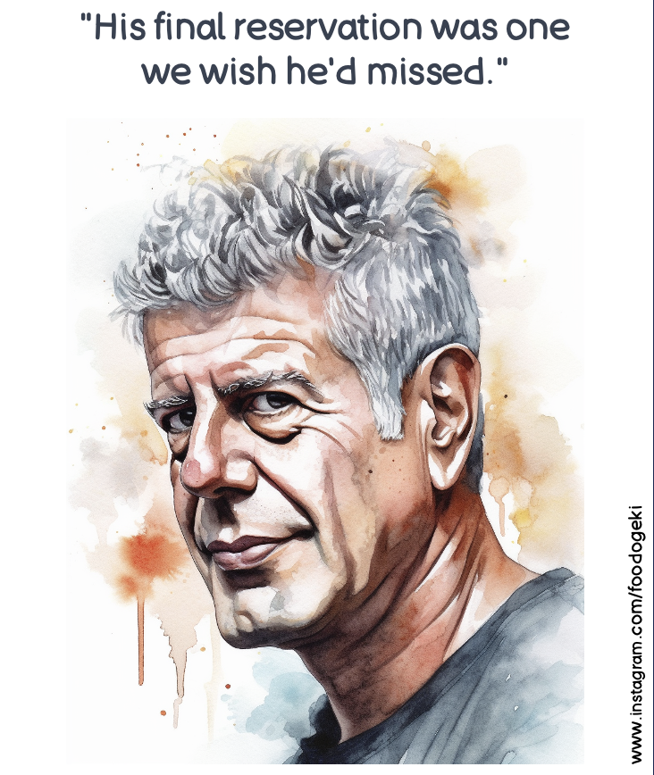 Remembering Anthony Bourdain (June 25, 1956 - June 8, 2018) a tasteful legacy

#noreservations #paintingoftheday  #AnthonyBourdain #foodiefood #anthonybordainquotes #foodquotes #foodquote #NoReservations #OTD #Foodie #Cuisine #Chef
#TodayInHistory #CNN