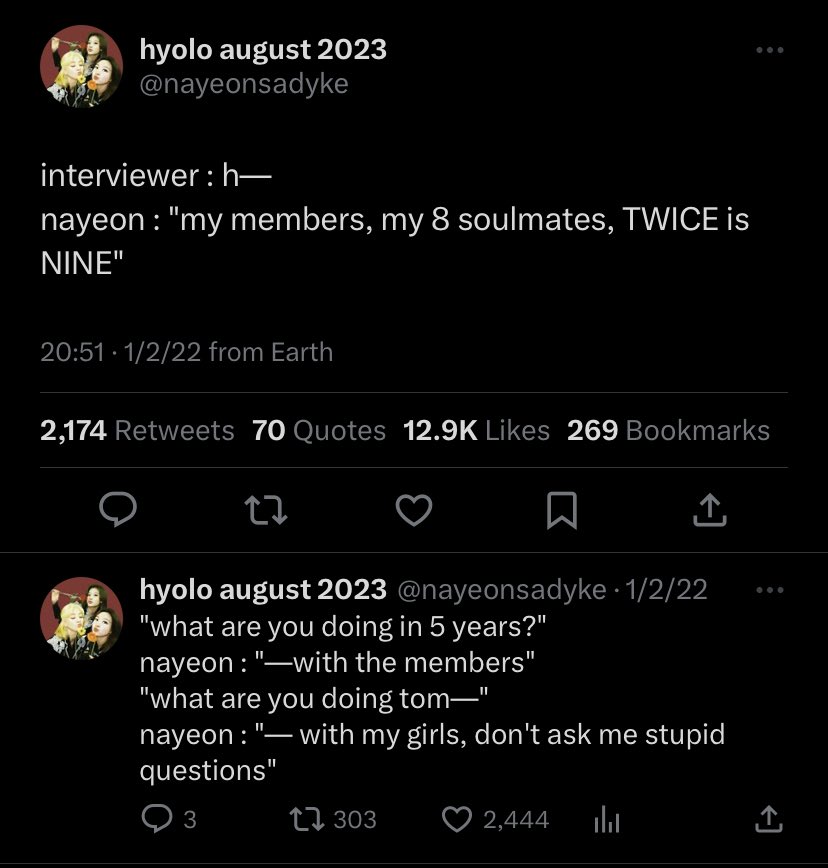 twice probably the type of people to tell a member to leave the bathroom door open so they can still talk to each other during bathroom breaks but SURE they are capable of being away from each other for a long time 😭