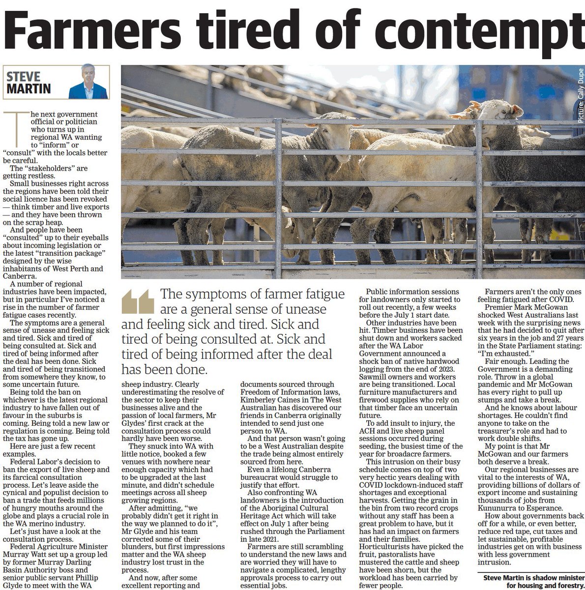 Quite frankly, the WA Ag industry is sick &amp; tired of having all of the crap from government continuously rammed down our throats 
Enough if enough!
Let us farm &amp; feed the world
<a href="/WAPastoralists/">WAPastoralists</a> <a href="/WAFarmers/">WAFarmers</a> <a href="/RogerCookMLA/">Roger Cook</a> <a href="/NationalFarmers/">National Farmers' Federation</a> <a href="/Middleton_Says/">Sue Middleton</a> @roseycatherine <a href="/sokitomi/">🇦🇺 David Connolly</a>