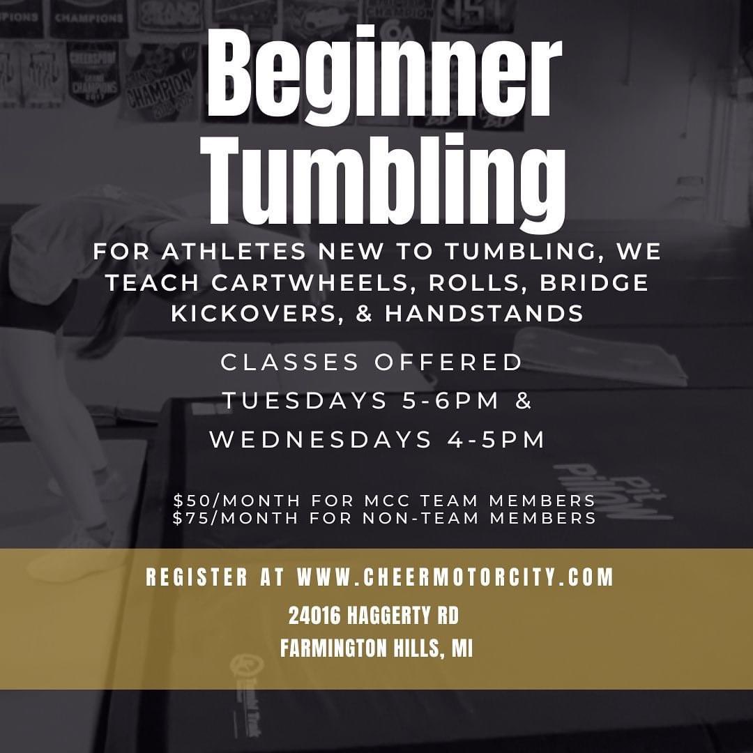 cheermotorcity's tweet photo. SUMMER CLASSES: These classes are great for beginning or advanced tumblers. Classes include shaping drills for proper technique to ensure safe progressions &amp; opportunities to work new skills! Open to MCC athletes, school cheerleaders, and anyone else looking to work on tumbling! https://t.co/XT22y0m01W
