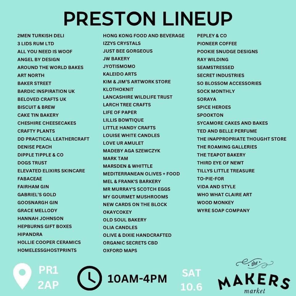 BIDPreston's tweet photo. It’s the #Preston @_makersmarket this Saturday. 

It’s on the Flag Market from 10am until 4pm. 

Pop in, enjoy the market, then head for some lunch, a walk in the park, or a bit of retail therapy! https://t.co/jff6ViD25k