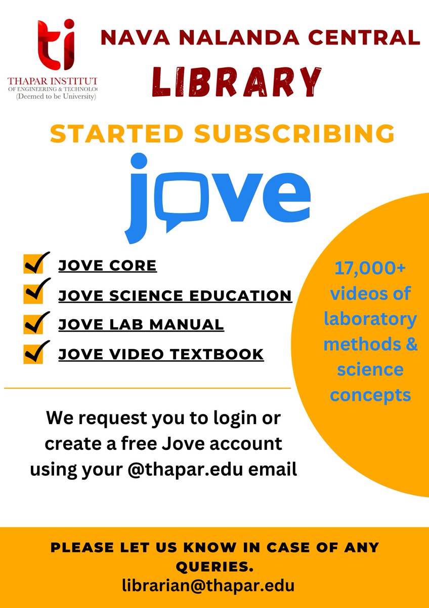 Dear All,
Central Library has started subscribing to JoVE (Journal of Visualized Experiments) science videos through jove.com. To get started, visit jove.com
We request you to log in or create a free JoVE account using your <a href="/thapar/">thapar</a>.edu email.