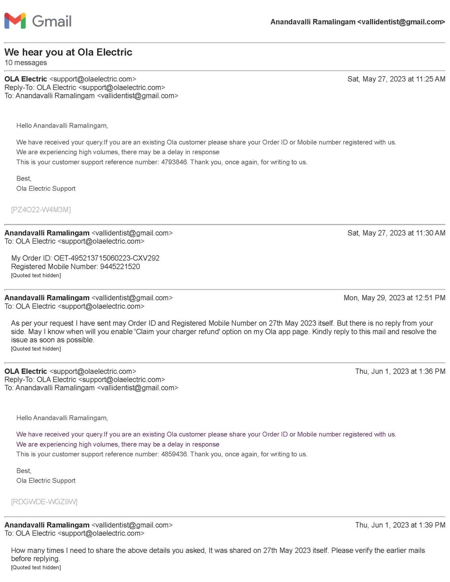 memahee's tweet photo. @OlaElectric @bhash I've bought the S1 Pro on February 2023, but "Claim your charger refund" option was not shown on my ola app page. I've made a complaint about the same on ola support. This is what therir replies are. You guys are not reliable on support and service. https://t.co/N8VmN1ka4G