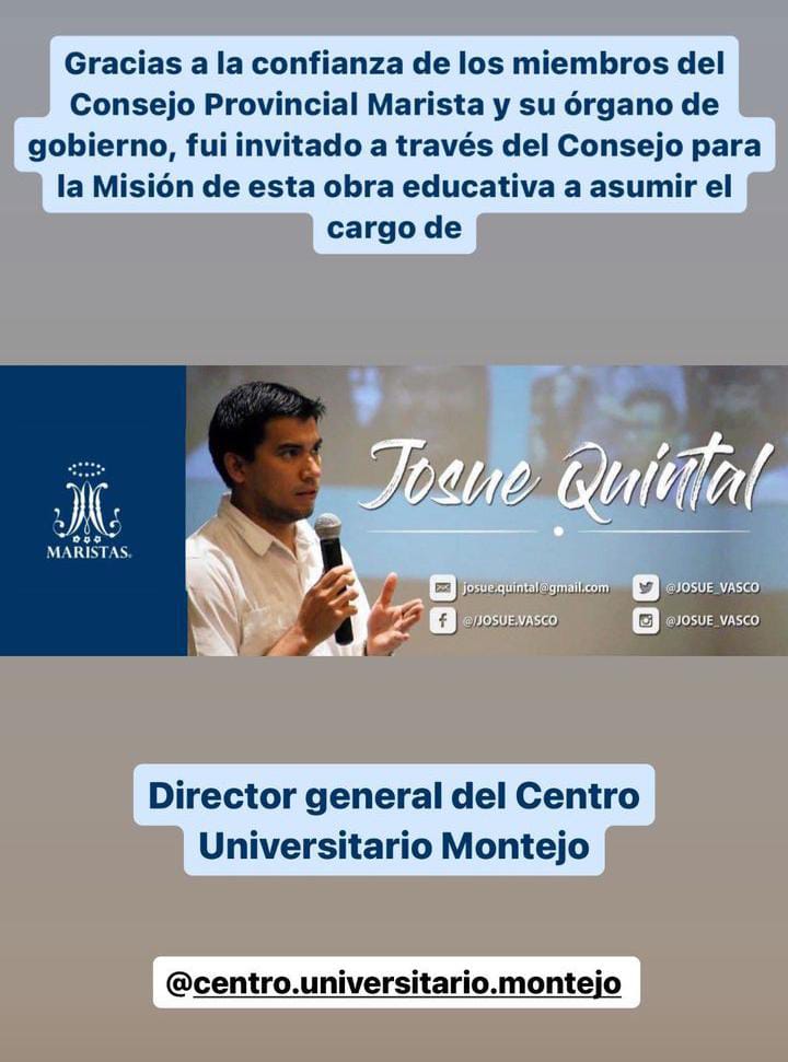 #Educación Felicidades al Colega y miembro distinguido del #ColegioDeMaestrosEnAdministraciónYPoliticasPúblicasDelSureste  <a href="/Josue_Vasco/">Josue Quintal Gurube</a> por su nombramiento como Director General del Centro Universitario Montejo <a href="/MaristasCUM/">Centro Universitario Montejo</a> <a href="/maristas_cum/">MaristasCUM</a> gran reconocimiento a su labor educativa.