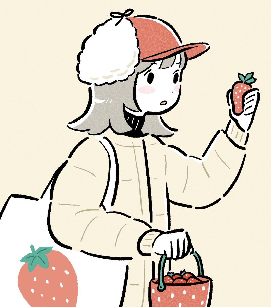 1girl solo red headwear red pants bag hat food  illustration images