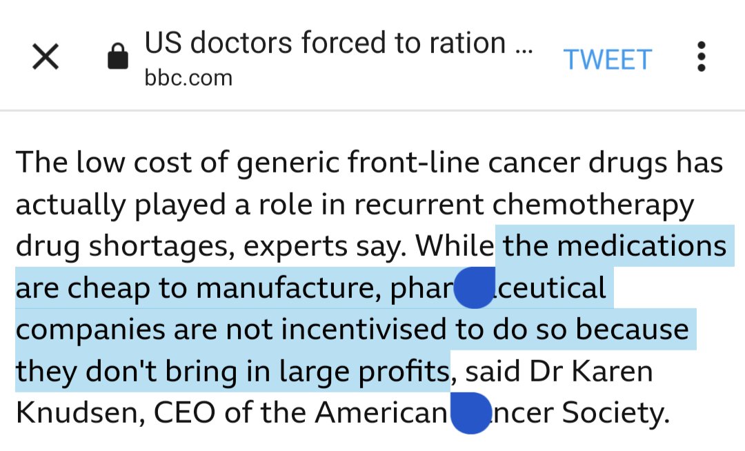 BenjaminNorton's tweet photo. There's a shortage of cancer treatment medicines in the US because pharmaceutical corporations can't profit much from selling low-cost generic drugs

This is the great "efficiency" of privatized capitalist "healthcare"

It's not profitable to save lives, so they're just not saved https://t.co/6YWegfnQpR