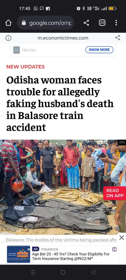 #Alive husband was declared #dead so that he could get compensation for the #death of #husband in #TrainAccidentInOdisha !

₹5 Lac from #CM
₹2 Lac from #PM
₹10 Lac from #Railway Ministry

And, she thought, why not give it a try!

News strategy unlocked, first #falsecase and