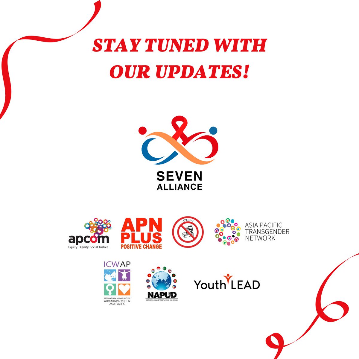 Introducing SevenAlliance, the regional consortium spearheading Community-Led Monitoring (CLM) in the Asia-Pacific!

We are proud to bring together the powerful voices of APCOM, APN+, APNSW, APTN, ICW-AP, NAPUD, and YouthLEAD.

#SevenAlliance #HIV #HIVResponse #AsiaPacific