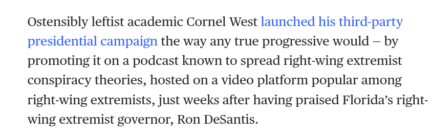 LMAO apparently West is 'right-wing' because he launched his candidacy on Russell Brand's podcast, a man who loves Bernie and Corbyn.