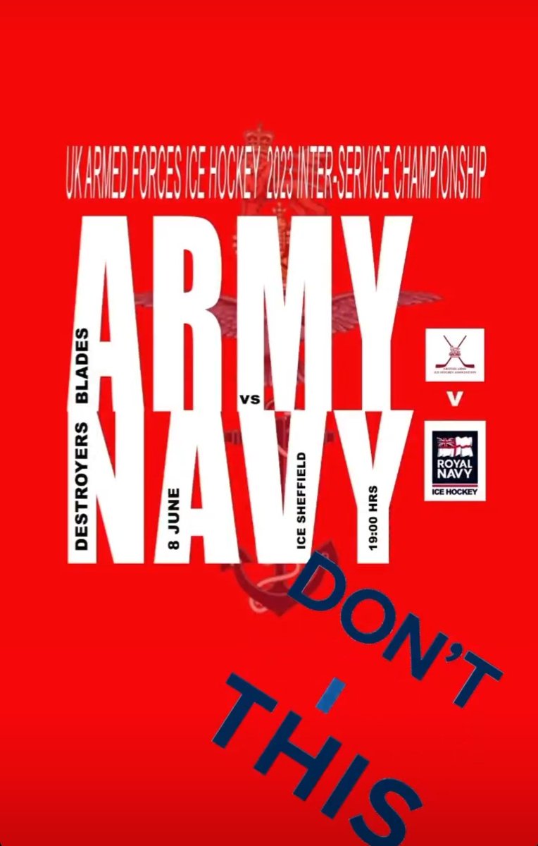 Don't miss this tonight! The ARMY BLADES take on the NAVY DESTROYERS to decide who will be the UK Armed Forces Tri-Service champions 🏒🔥

#BritishArmySport #ArmyIceHockey #UKArmedForcesIceHockey #UKAFSport #TriServiceIceHockey 🇬🇧🇹🇩

@britisharmysport @british_army_blades