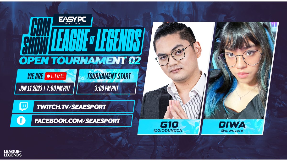 SEAesport's tweet photo. We’re ready to hit the Rift once more! 💥
June 11 (7:00 PM PHT) — circle this date on your calendars as @GioDungca and @diwacore will hype us up for the League of Legends Community Showdown, powered by EASY PC!
Tune in LIVE this Sunday!
#SEArising | #CommunityShowdown https://t.co/YX4Fazq6TR