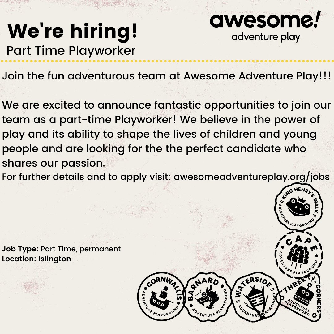 Join Our Team and Embark on an Exciting Playwork Adventure!Are you ready to make a real difference in the lives of children and young people? Are you passionate about creating a dynamic and inclusive play environment? Look no further! 
Visit awesomeadventureplay.org/jobs/ to apply.