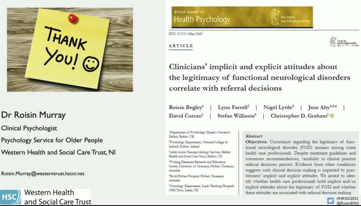 Hearing from <a href="/RoisinB763/">Roisin Murray</a> about clinicians' implicit and explicit attitudes about the legitimacy of functional neurological disorders #FND correlate with referral decisions. Uncertainty &amp; fear prominent. Disconnect found. So interesting!

#NRSIG2023