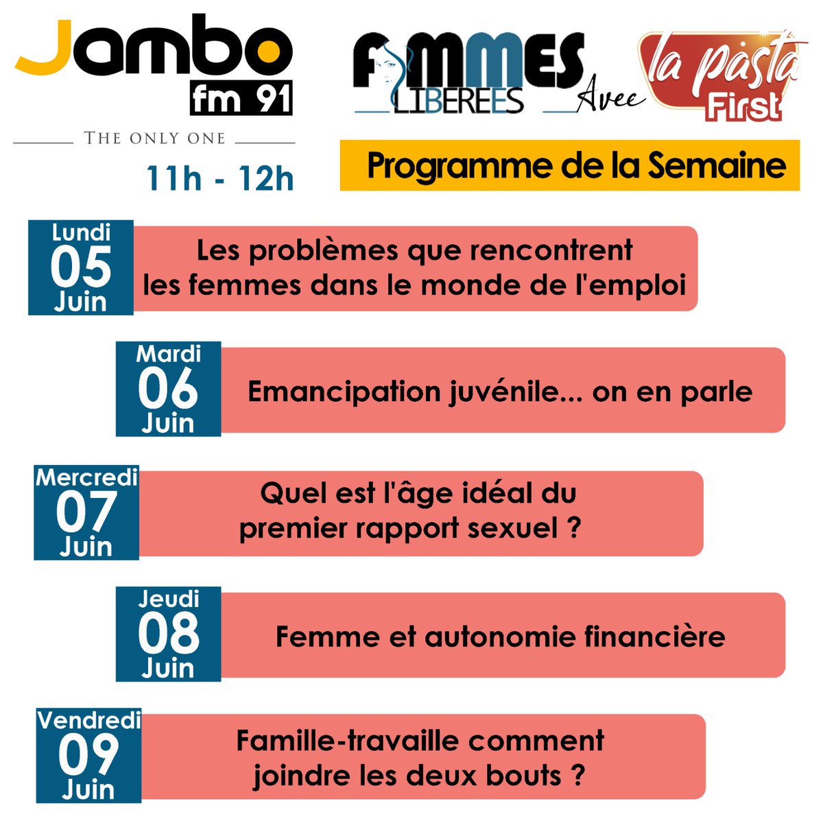Jambofm91's tweet photo. Femmes Libérées sur JAMBO FM 91. Un rendez-vous inédit à ne pas manquer. Tous les jours 11h-12h du Lundi au Vendredi. https://t.co/pGjzBToRvH