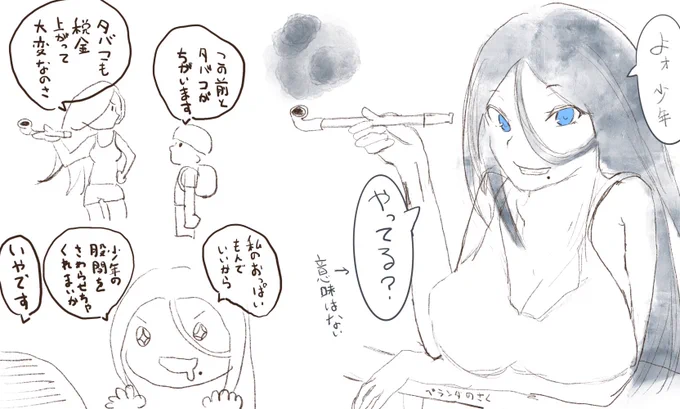 #僕のことを少年と呼ぶ近所のタバコ吸ってるお姉さんキャラデザ大会 塾への道の途中にあるアパートに住んでる青い目(どこかの国のハーフだっていってた)のお姉さん、いつも男ものか女ものかわからないタンクトップ(ランニング)に僕より短いズボンの格好で煙草吸ってる 売れない作家らしい