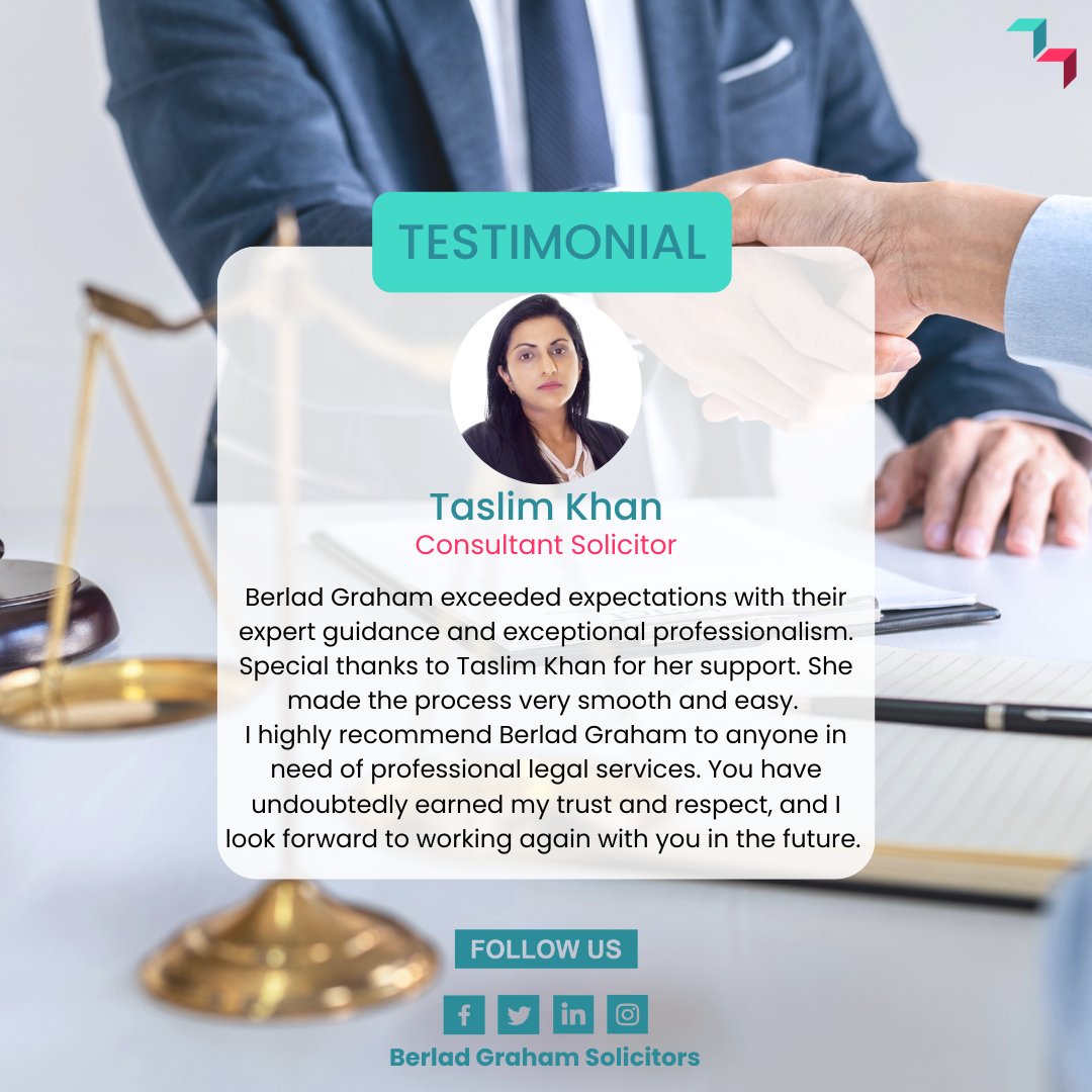 Thank you to our client for this amazing review for our Consultant Solicitor, Taslim Khan. Very well done! 👏

#BerladGrahamSolicitors #clientfeedback #lawfirm #legalservices #Solicitor #lawyer #happyclient #legaladvice #thankyou #TestimonialThursday