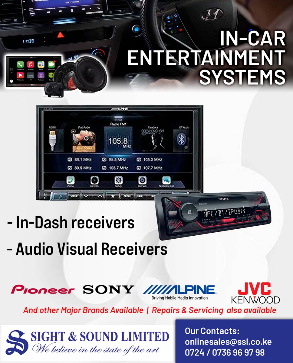 SightSoundKE's tweet photo. In-car  Entertainment Systems For Your Cars Sight &amp; Sound Ltd. From Sony,  Pioneer, Alpine to JVC-KENWOOD, we got you covered. 
Get in touch with  us:
onlinesales@ssl.co.ke
Office number +254724969798
WhatsApp: +254736969798

#nairobi #pioneercaraudio #Sony #JVCKenwood #alpine https://t.co/qqgDFYgS4i