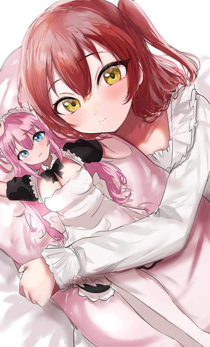 gotou hitori pink hair object hug blue eyes maid red hair long hair pillow  illustration images