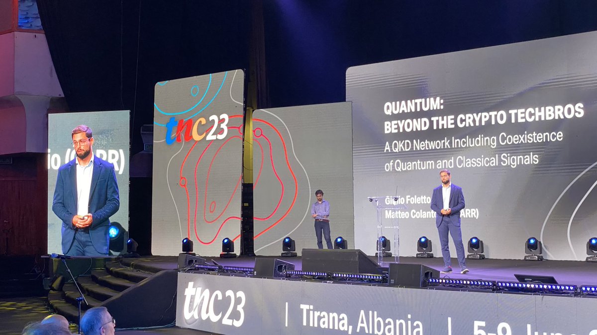 ReteGARR's tweet photo. Quantum Key Distribution at #TNC23 with the results of the field trail based on coexistence of #Quantum and Classical signal.
Speakers: Matteo Colantonio (GARR) and Giulio Foletto (@UniPadova)
#QKD @TNC_GEANT @GEANTnews https://t.co/NzfPB3BiPa