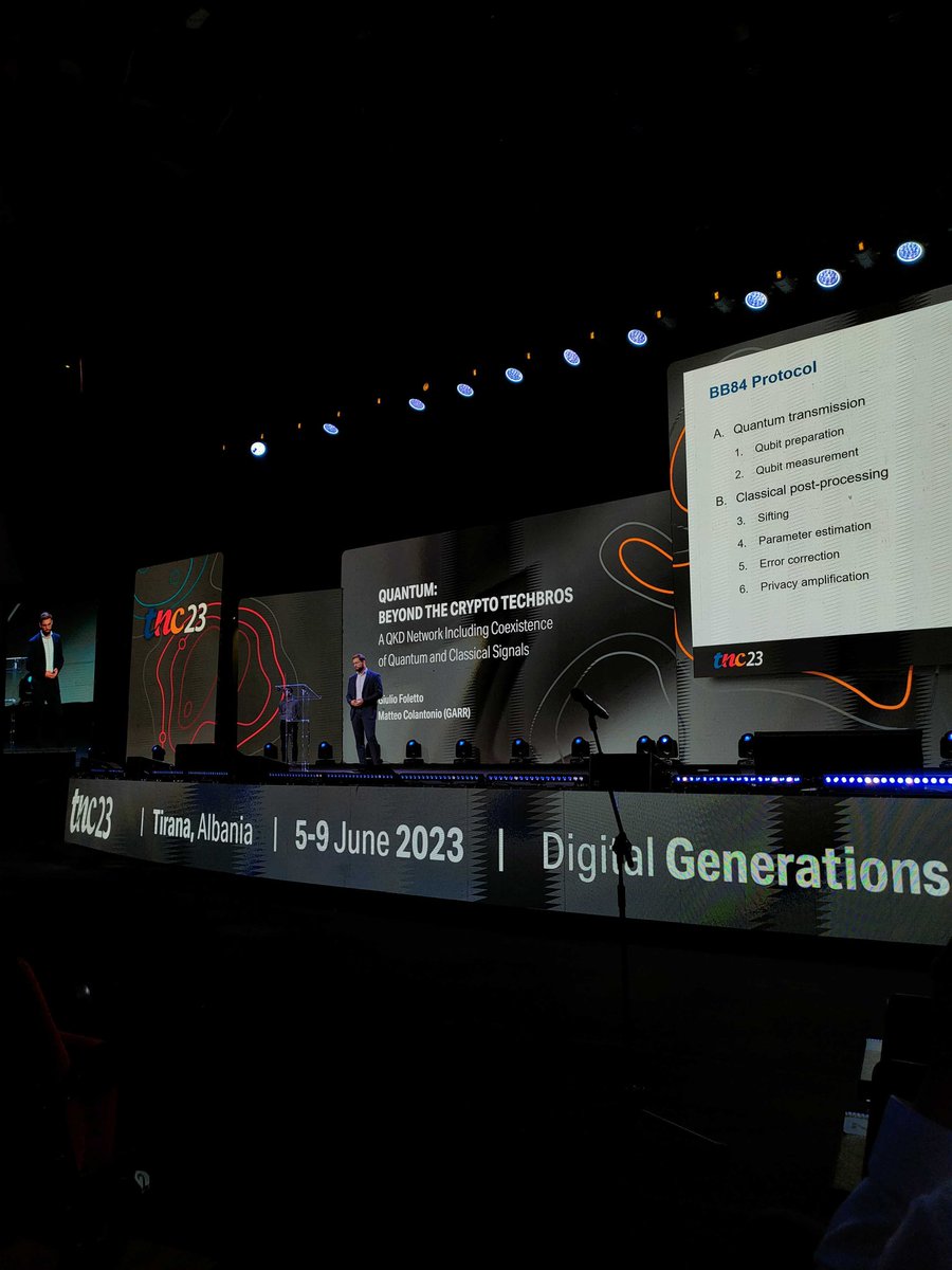 ReteGARR's tweet photo. Quantum Key Distribution at #TNC23 with the results of the field trail based on coexistence of #Quantum and Classical signal.
Speakers: Matteo Colantonio (GARR) and Giulio Foletto (@UniPadova)
#QKD @TNC_GEANT @GEANTnews https://t.co/NzfPB3BiPa
