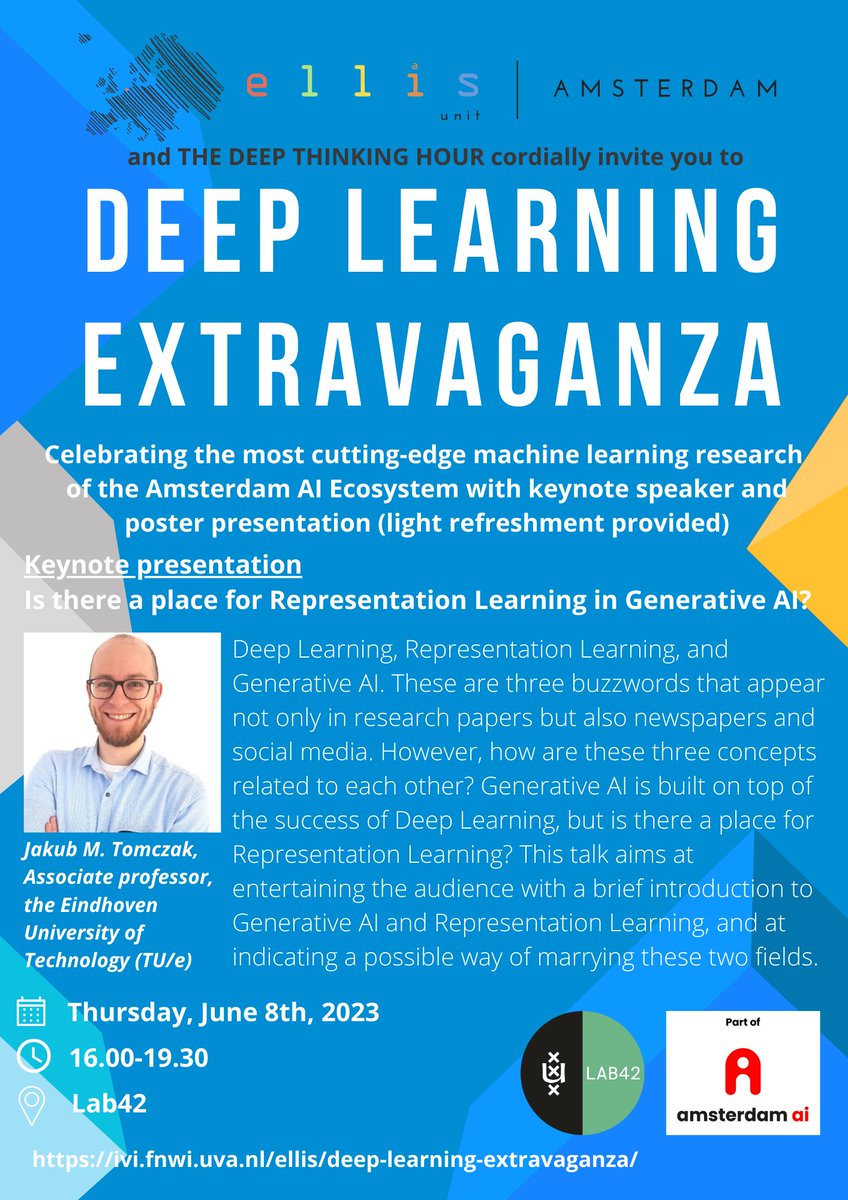 ELLIS Amsterdam (@ellis_amsterdam) on Twitter photo 📢📢📢 Today at 4PM #EllisunitAmsterdam & <a href="/deepthinkhour/">The Deep Thinking Hour</a> are organising ✨Deep Learning Extravaganza✨, a preview party with 26 posters, <a href="/jmtomczak/">Jakub Tomczak</a> as our keynote speaker, and drinks & bites at <a href="/Lab42UvA/">LAB42 UvA</a> <a href="/ELLISforEurope/">ELLIS</a> (free event). See you there! ivi.fnwi.uva.nl/ellis/deep-lea… 📢📢📢 Today at 4PM #EllisunitAmsterdam & <a href="/deepthinkhour/">The Deep Thinking Hour</a> are organising ✨Deep Learning Extravaganza✨, a preview party with 26 posters, <a href="/jmtomczak/">Jakub Tomczak</a> as our keynote speaker, and drinks & bites at <a href="/Lab42UvA/">LAB42 UvA</a> <a href="/ELLISforEurope/">ELLIS</a> (free event). See you there! ivi.fnwi.uva.nl/ellis/deep-lea…