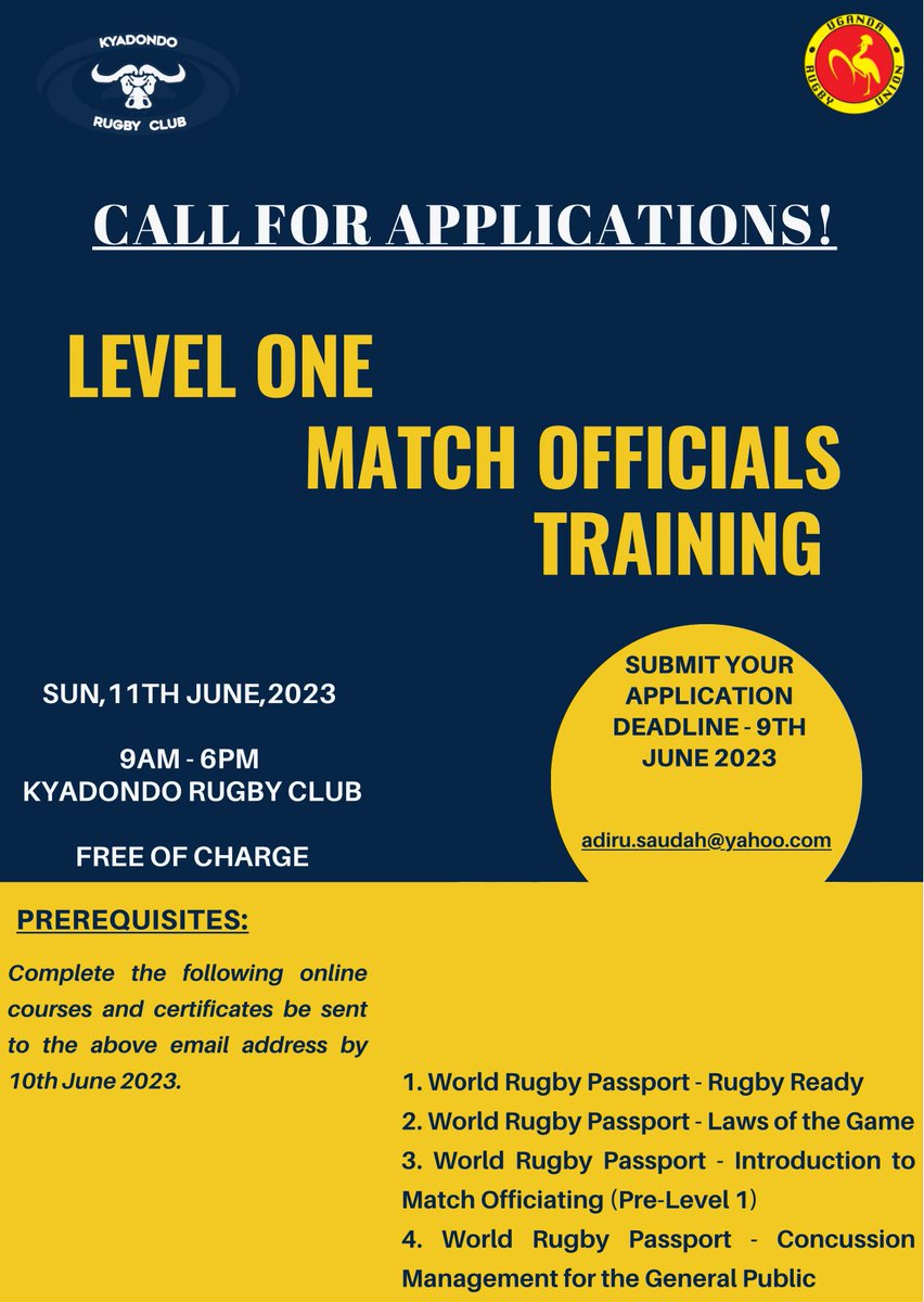 We encourage all region members to send candidates for L1 Match officials course.

<a href="/SwansSportsClub/">Swans Sports Club</a> 
<a href="/KyambogoRugby/">Amara Kyambogo Rugby</a> 
@bluephoenixrc 
<a href="/Warriorsrugbyug/">Warriors Rugby</a> 
<a href="/KisubiPacersRfc/">Kisubi Pacers Rfc #MentalHealthAwareness</a> 
<a href="/LadyPacersRFC/">Lady Pacers</a> 
<a href="/MubsRugbyClub/">Mubs Rugby Club</a> 
<a href="/rufc_rams/">RAMS RUFC</a> 
<a href="/EweRugby/">EWES RUGBY CLUB</a> 
<a href="/Thunderbirdsrug/">Thunderbirds Rugby Club</a> 
<a href="/PanthersRugbyUg/">Panthers Rugby Club</a> 
<a href="/RfcEagles/">EAGLES RUGBY CLUB</a>