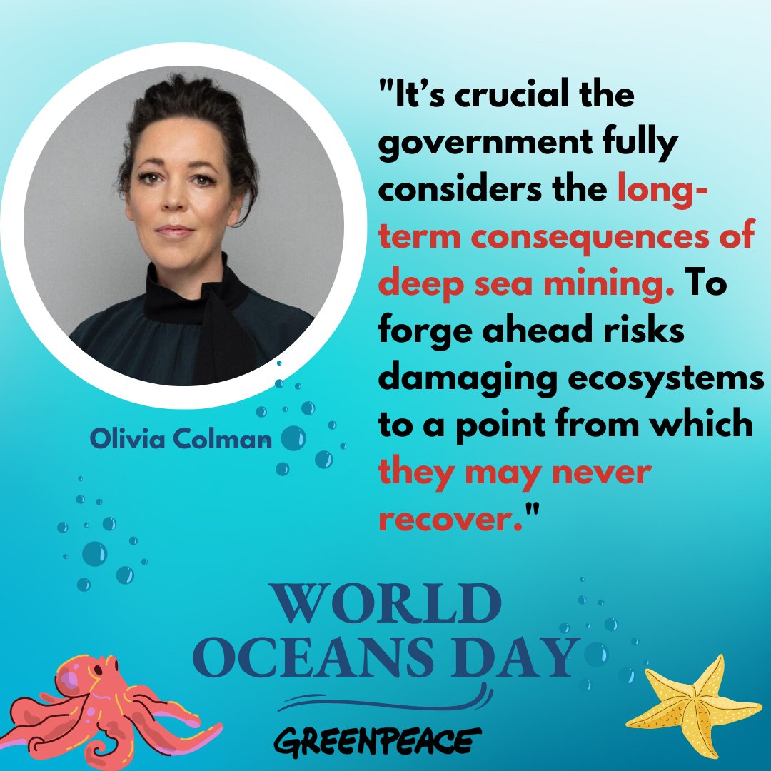 Thank you Olivia Colman for speaking up for our oceans on World Oceans Day! 🙌🙌 Deep sea mining is a new threat to our oceans - and the UK government must act like an ocean leader and BAN it immediately. Tell them to act now: act.gp/43tBdc2