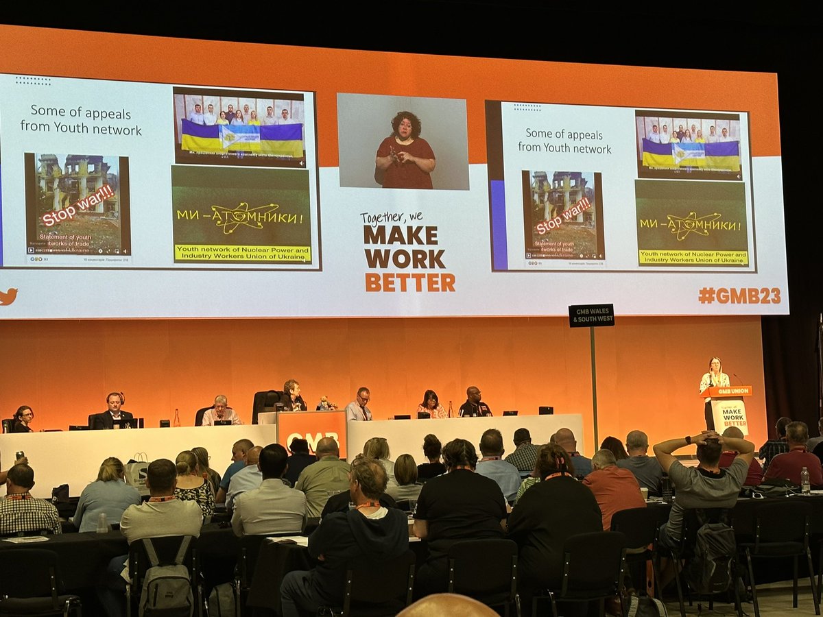 Composite 17 passes in support of Ukraine at #GMB23 with the support of @GMB_union_NWI and now hearing from our Ukrainian trades union sister @IvannaFPU 

This union will always support the people of Ukraine 🇺🇦