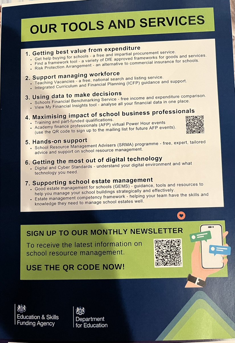 AcademyHelpdesk's tweet photo. There are lots of free resources available from the @ESFAgov school resource management team. Links to those QR codes below. #SchoolRM23 

https://t.co/TsGQv94jkB

https://t.co/Q8sHwursYV https://t.co/eRoPhoYEhT
