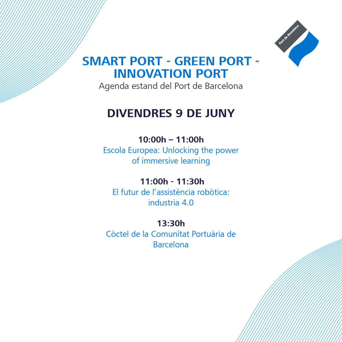 PortdeBarcelona's tweet image. Últim dia al @SILBarcelona! 🙌

🗨 Avui parlarem de la formació en el sector portuari amb l'@ESCOLAEUROPEAEU i ens acomiadarem del #SIL2023 amb el Còctel de la Comunitat Portuària.

📆 Aquesta és l’agenda d’avui del #PortBCNSIL 👇