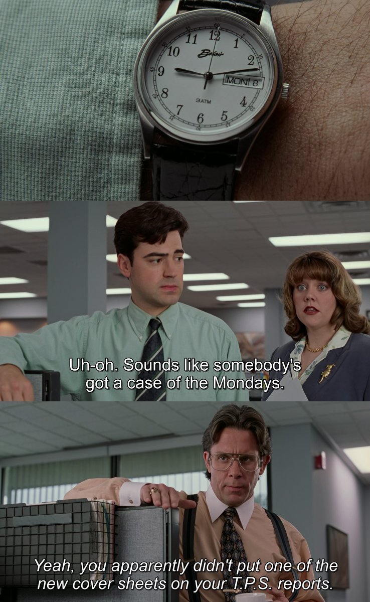 CineCalendar's tweet photo. Jun 8th 1998 - Peter Gibbons had a bad case of the Mondays and gets reminded about the new cover sheets on the TPS reports. Michael Bolton (not that one) tells the guys he could write a virus to rip off the company @mikejudge's #OfficeSpace https://t.co/PiC1Lo0MXs