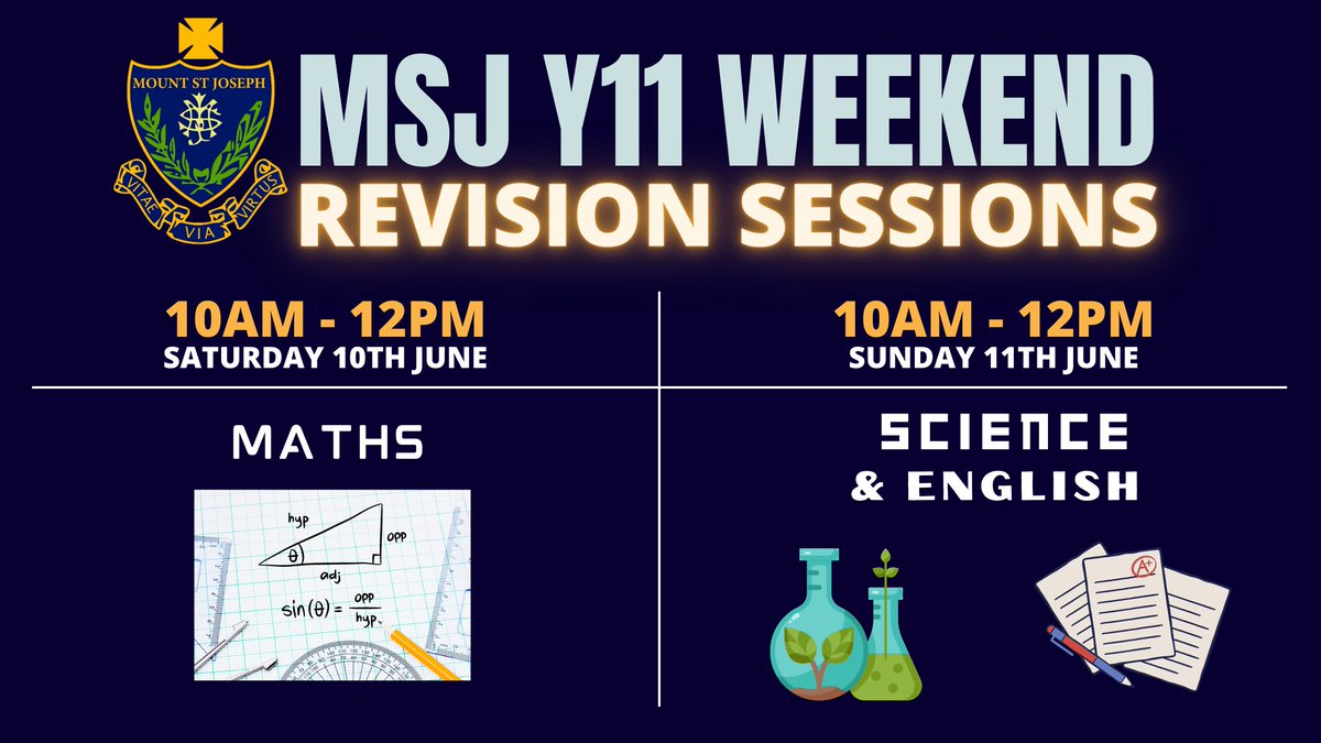 This weekend we have revision sessions taking place for year 11 students from 10am until 12pm. 
On #Saturday we have Maths, and on #Sunday we have Science and English.  
#ExamRevision <a href="/MathsMsj/">MSJ Maths Department 🔝🧮</a> <a href="/MSJ_English/">MSJ English</a> <a href="/MSJ_Science/">MSJ Science</a> #MSJCommunity #GCSERevision
