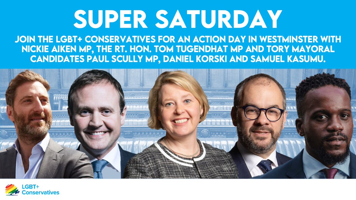 Join us for a Super Saturday with <a href="/twocitiesnickie/">Nickie Aiken</a> and the great team at <a href="/CLWCA/">CLWCA The Two Cities #TwoCities</a>. 

We will be joined by <a href="/TomTugendhat/">Tom Tugendhat</a> and <a href="/LdnConservative/">London Conservatives</a> Mayoral Candidates <a href="/scullyp/">Paul Scully</a>, <a href="/samuelkasumu/">Samuel Kasumu</a> &amp; <a href="/DanielKorski/">Daniel Korski</a>.  

📅 This Saturday 
🕐 10:30AM
📍Pimlico 

Message <a href="/lukerobertblack/">Luke Robert Black 🌳</a> for details.