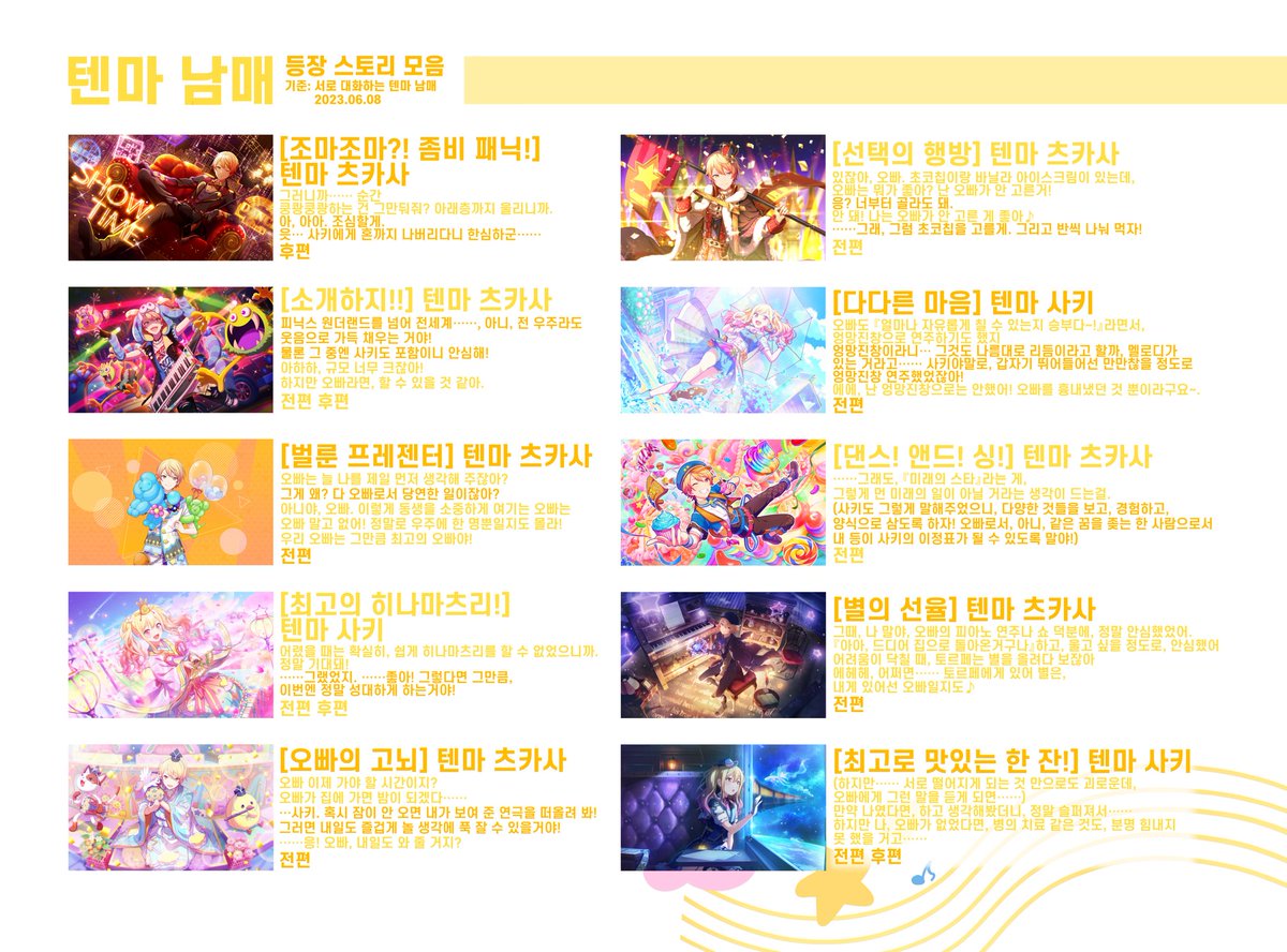 TENMAotk's tweet photo. 텐마 남매 등장 스토리 정리 (~23.06.08, 생일카드 제외)
첨부된 대사는 개인적으로 좋아하는 부분을 적었으며. 칸 정리와 이해를 돕기 위한 의역 or 맥락을 해치지 않는 선의 간단한 대사 수정이 있습니다. https://t.co/WsQzYekl7i