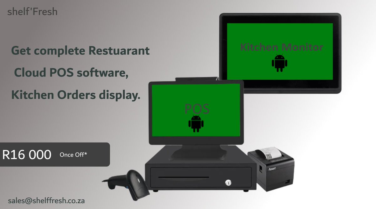 POS suitable for Small Business with touch Kitchen display, Complete Cloud Software less wiring, Android based, order now, sales@shelffresh.co.za 

The IMF, IPELENG, Mahlatsi, Boity