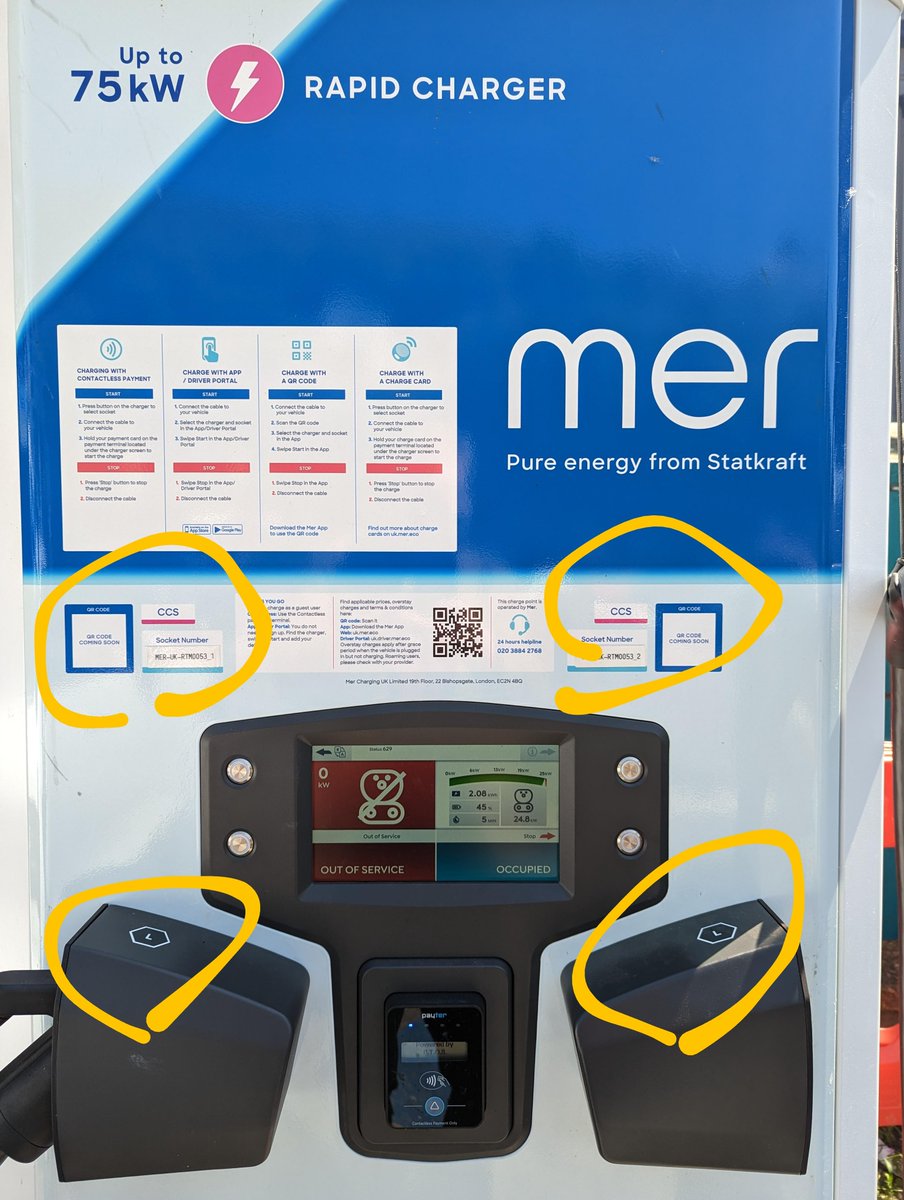 clonestarfork's tweet photo. @MerEVChargingUK @iwight Can you pls fix this too. DC unit '75kw' has both sides labelled as Left, controls from app &amp;buttons are backwards to physical unit (wires seem crossed). Only one side works at once, max is actually 50kw in rare instance it works. The 22kw is just goosed. https://t.co/zj6NW7TV5U