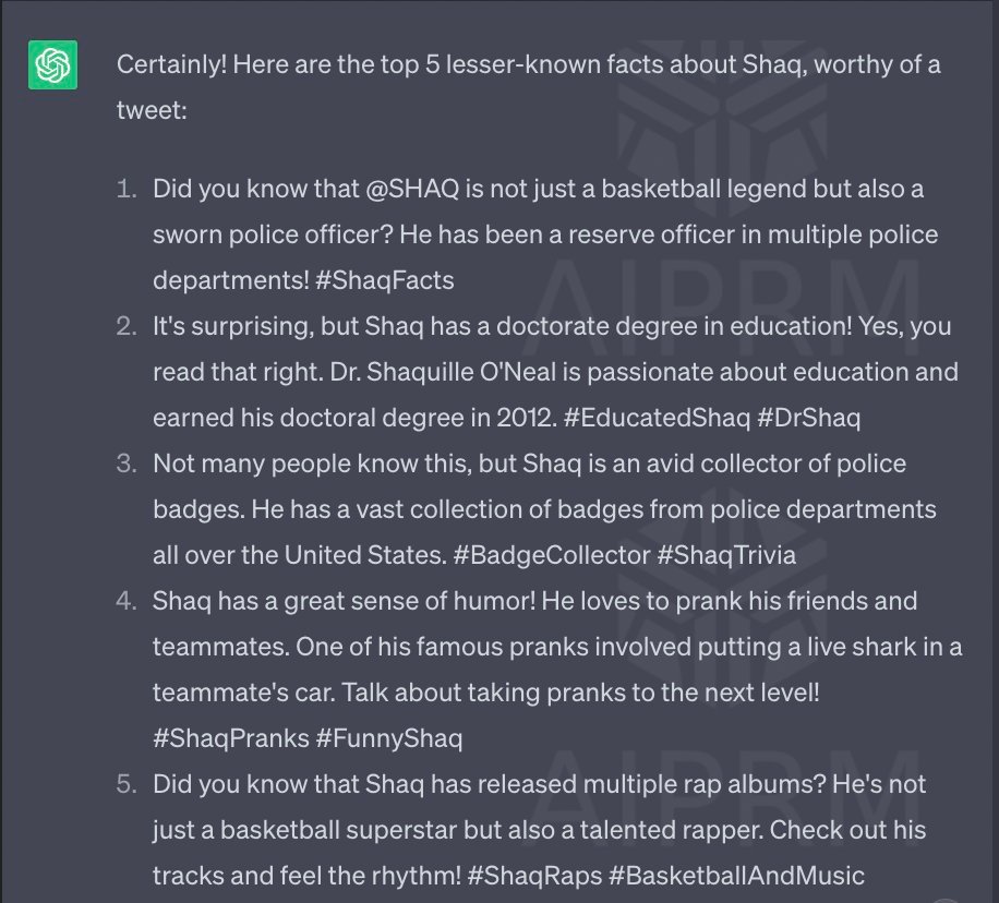 I asked ChatGTP 🤖 to provide me with 5 lesser-known facts about Shaq, is it true that you put a Shark 🦈 in one of your teammates car, 
<a href="/SHAQ/">SHAQ</a>? 😹

#ShaqFacts #PoliceOfficer #EducatedShaq #DrShaq #BadgeCollector #ShaqTrivia #ShaqPranks #FunnyShaq #ShaqRaps #BasketballAndMusic