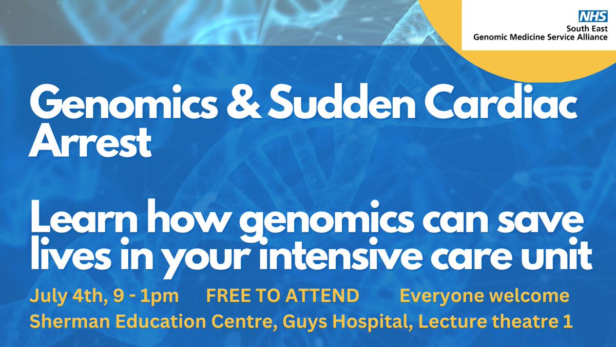 NHS South East Genomic Medicine Service (@segenomics) on Twitter photo Today we're talking about how #genomics can save lives in intensive care.
Join us <a href="/GSTTnhs/">Guy's and St Thomas'</a> on July 4th to learn more about a new pathway for #SuddenCardiacArrest
More info & sign up details 👇
bit.ly/3qt5OId
#ICU #cardiology #inherited #thinkgenomics #GeneChat #NHS Today we're talking about how #genomics can save lives in intensive care.
Join us <a href="/GSTTnhs/">Guy's and St Thomas'</a> on July 4th to learn more about a new pathway for #SuddenCardiacArrest
More info & sign up details 👇
bit.ly/3qt5OId
#ICU #cardiology #inherited #thinkgenomics #GeneChat #NHS