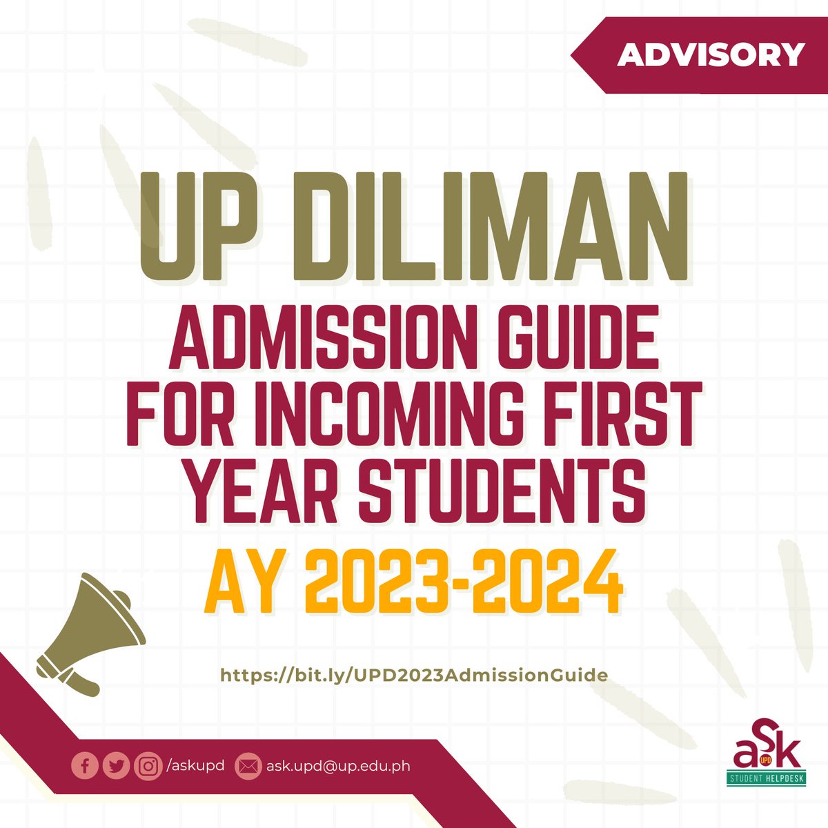 [ADMISSION GUIDE FOR INCOMING FRESHIES AY 23-24]

#Advisory: The UP Diliman Office of the University Registrar (OUR) has released the Admission Guide for Incoming First Year Students.

You may access the Admission Guide at: bit.ly/UPD2023Admissi…

#KapitLapitAskUPD