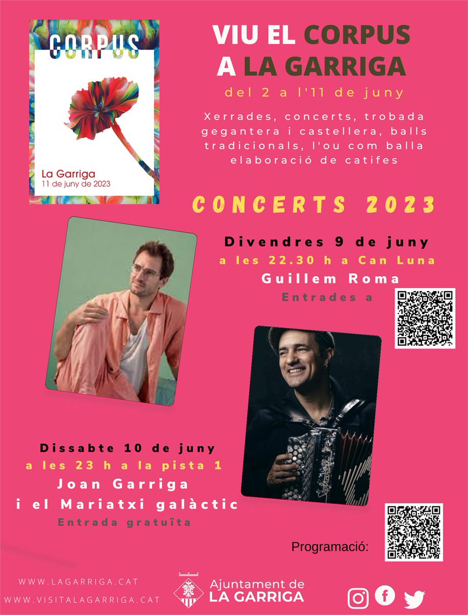 Ajuntament de la Garriga 🎗️ (@ajlagarriga) on Twitter photo El divendres de #CorpusLG la música és la principal protagonista amb la ballada de sardanes i danses tradicionals de <a href="/sardanesgarriga/">Sardanes la Garriga</a> i <a href="/GitanesLG/">Ball de Gitanes de la Garriga</a> (20 h); i el concert de <a href="/guillemromatort/">Guillem Roma</a> (22.30 h. Entrades a teatrelagarriga.cat) El divendres de #CorpusLG la música és la principal protagonista amb la ballada de sardanes i danses tradicionals de <a href="/sardanesgarriga/">Sardanes la Garriga</a> i <a href="/GitanesLG/">Ball de Gitanes de la Garriga</a> (20 h); i el concert de <a href="/guillemromatort/">Guillem Roma</a> (22.30 h. Entrades a teatrelagarriga.cat)