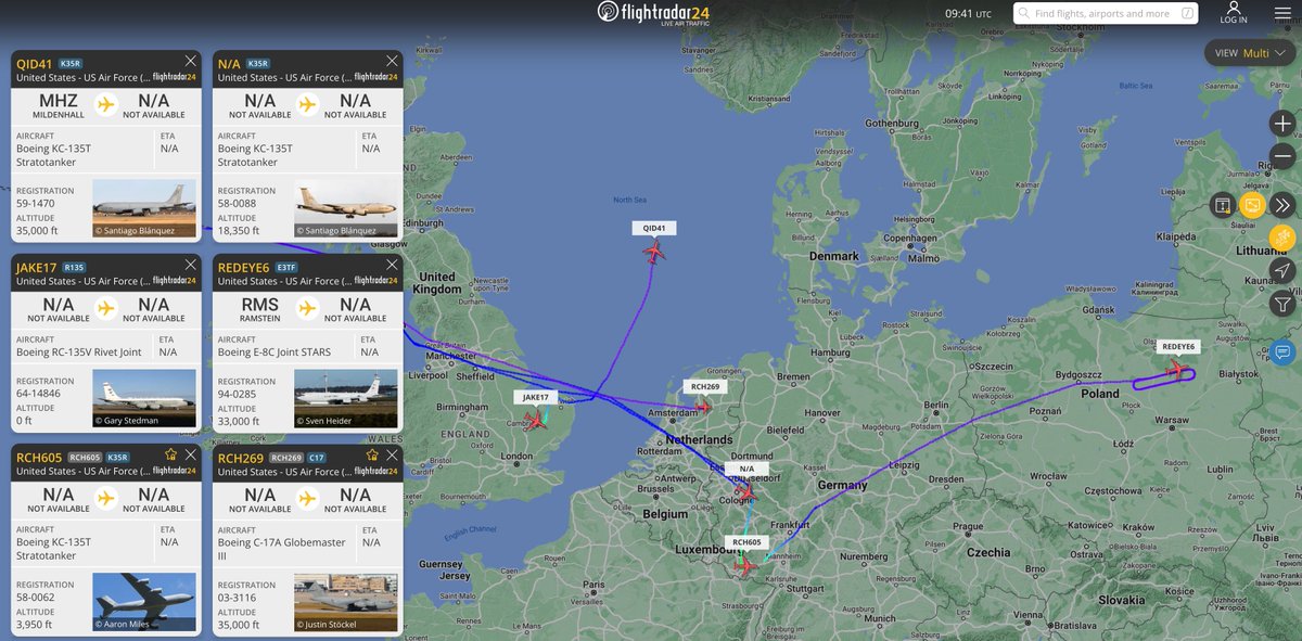alternativewip's tweet photo. #USAF aircraft over europe - stratotanker and globemaster having flown across the pond, another startotanker heading north towards norway, then a rivet joint at mildenhall and E8C joint stars getting some laps in over the east of poland. #QID41 #JAKE17 #REDEYE6 #RCH605 #RCH269 https://t.co/q3fY0wiNvs